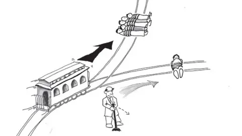 Princeton University Press A cartoon man shown diverting a train to save five lives over one life