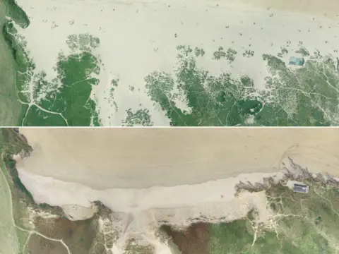 Channel Coastal Observatory and Lloyd Russell, University of Plymouth An aerial view of Crantock dunes taken in September 2008 (top) compared to the same view in October 2024, showing the movement of the dunes