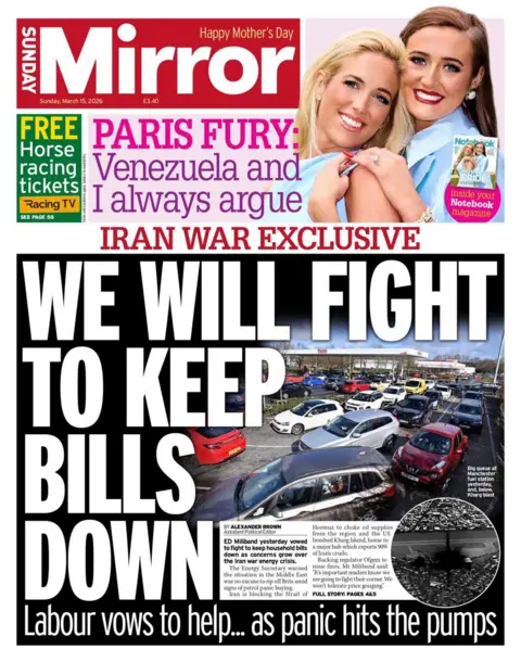 The headline on the front page of the Sunday Mirror reads: "We will fight to keep bills down."