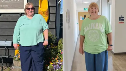 This is a composite image, on the left is her before she lost weight. She has blonde shoulder length hair and has sun glasses on. She is wearing a turquoise top and navy trousers. On the right is another photo of her, where she is wearing green t-shirt and jeans looking visibly thinner. 