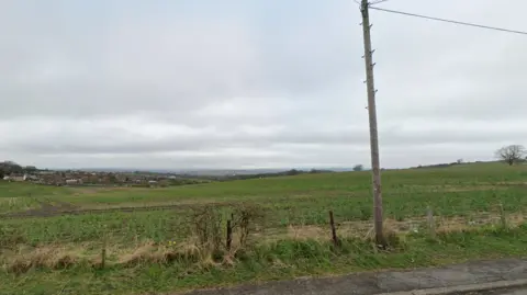 Google Green fields and cloudy sky. There is a telephone pole in the foreground of the photo. 
