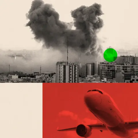 BBC Two treated images. One shows a plume of smoke rises after a strike on the Iranian capital Tehran. The other shows a airliner ascending to sky. 
