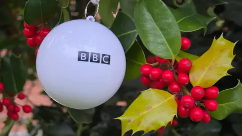 Yen Milne A white bauble with black BBC branding on it and hanging on a holly bush