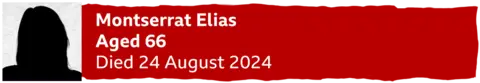 A banner with a silhouette of a woman reading "Montserrat Elias, aged 66, died 24 August 2024"