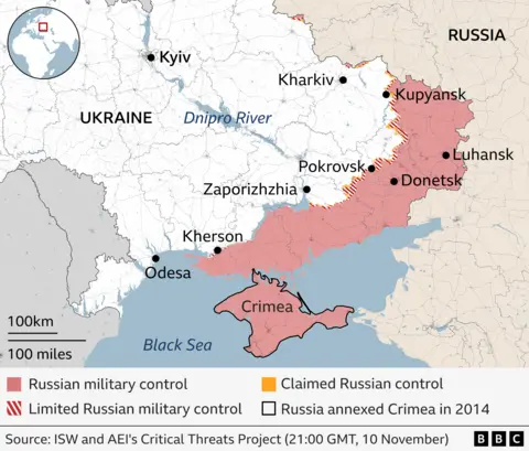 A map showing where there is Russian military control