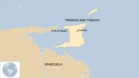 A map showing Port of Spain and Cumuto in Trinidad and Tobago, and nearby Venezuela.