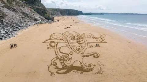 A large piece of sand art on a long beach, lined by cliffs. The art depicts an octopus in front of the bubble-like biomes of the Eden Project, with a butterfly fluttering by.