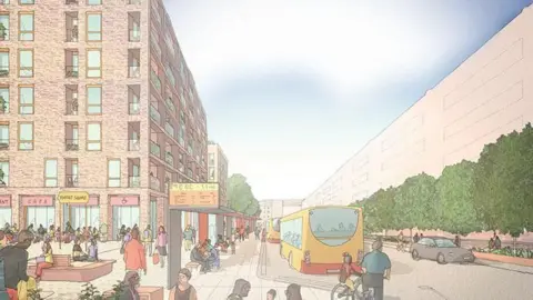 A computer-generated image of a busy town centre area. There's a brick block of flats on the left hand side with a pedestrianised walkway in front of it, and next to that is a road with several buses on.