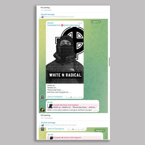 Screen grab of a conversation from a Patriotic Alternative post, one shows a hooded and masked man with the words "white n radical" on top. A reply underneath from "Mr AG" says "when is the same violence coming to Northern Europe?"