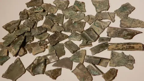 David Stuckey Metal fragments are spread out on a surface. They are fairly small and have jagged edges and are brown, with green tinges