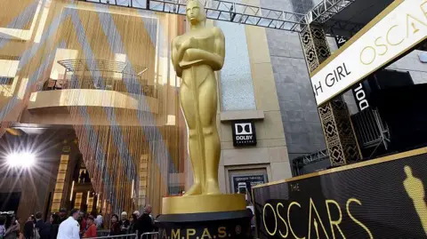 An Oscar statue is seen as preparations continue for the 88th Academy Awards in Hollywood.