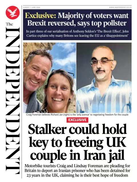The Independent headline reads 'Stalker could hold key to freeing UK couple in Iran jail'