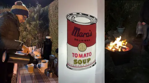 Mara (left) pouring soup into a cup from a flask, her window display print of a soup can (middle) and a fire pit (right)