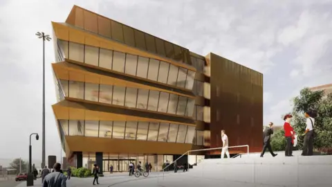 University of Sheffield An artist's impression of a bronze coloured angular building with floor to ceiling windows
