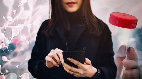 A woman with long dark hair, wearing a black coat and scrolling on a phone. Behind her are images of sperm and a hand holding an empty sample pot with a red lid.
