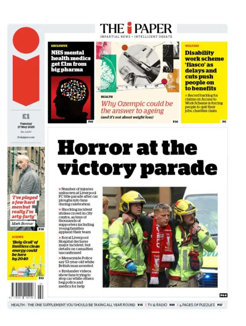The headline on the front page of the i Paper reads: "Horror at the victory parade".