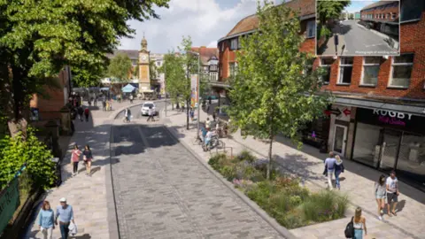 Rugby borough council An artist's impression of a street with a car driving down it and people walking on pavements either side. There are shops on the right and a clock tower and older buildings in the distance. There are trees and green areas around the street.