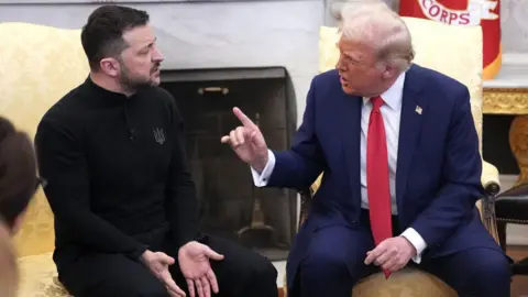 Getty Images U.S. President Donald Trump and Ukrainian President Volodymyr Zelensky meet in the Oval Office at the White House on February 28, 2025 in Washington, DC. Trump is raising a finger at Zelensky and leaning in close, while Zelensky is gesturing in frustration