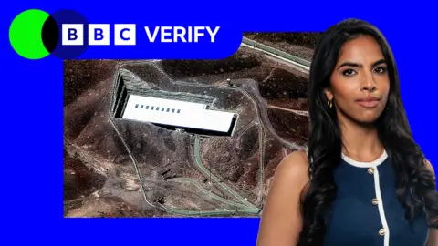 In the background: A satellite image of Iran's Fordo nuclear site. In the foreground is BBC Verify's senior journalist Merlyn Thomas. A BBC Verify logo is in the top left-hand corner. 