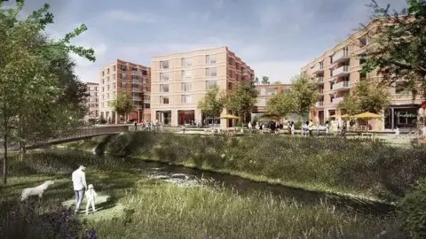 Howells Computer generated image of the completed Four Waterside project shows a green space, river and apartment buildings