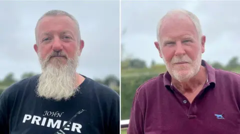 BBC On the left is Chris Chadwick, a man with a grey hair and beard wearing a black T-shirt "John Primer" and a man playing guitar. On the right is Len Shephard with grey hair and short grey stubble, wearing a maroon polo top.