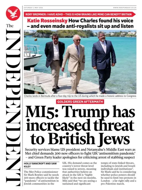  Trump has increased threat to British Jews," reads the headline on the front page of the Independent.
