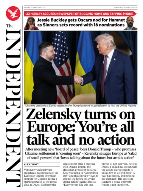 The headline on the front page of the Independent reads: "Zelensky turns on Europe: You're all talk and no action."
