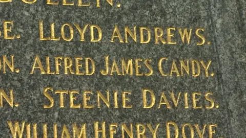 Alfred James Candy's name is written on the Llangollen war memorial