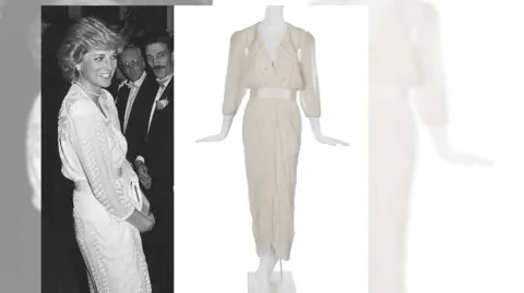 Princess Diana poses in a white dress. Next to her is a copy of that dress on a manequin