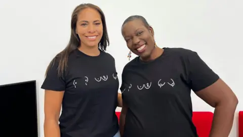 Lily-May Symonds/BBC Two women smile wearing matching-shirts for a breast cancer awareness campaign