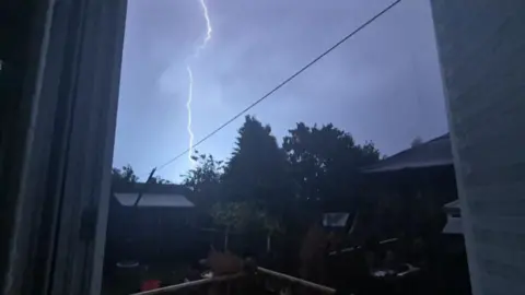 Carrie Anne An image of lightning taken through a window illuminating a garden with sheds and trees.