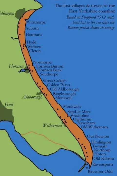 Caitlin Green A map which is green, orange and blue which has text typed onto it. It shows the lost villages and towns of the East Yorkshire coastline, which are highlighted down the side of the coast. Places include Hornsea Beck, Old Aldborough, Ravenser Odd and several other places. An orange line along the coast shows land lost to the sea since the Roman period.