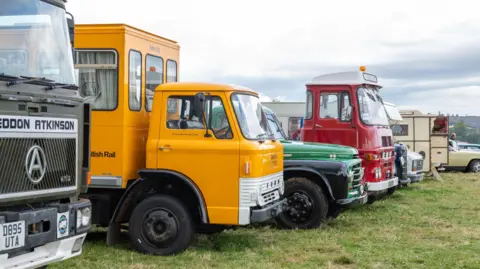 Vintage trucks are parked in a row on a field. One is bright yellow, another is red and one is green. It is a cloudy day.