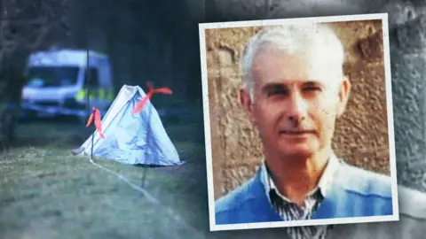 Composite image of a police forensic crime scene with a tent, and a cutout image of an elderly man with white hair and a blue shirt