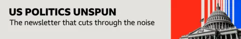 A thin, grey banner promoting the US Politics Unspun newsletter. On the right, there is an image of the Capitol Building against a background of vertical red, grey and blue stripes. The banner reads: "The newsletter that cuts through the noise."