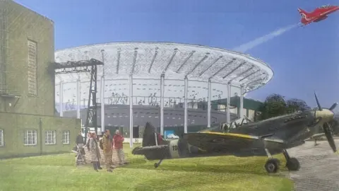 Scampton Holdings Ltd An artist's impression of plans for a former RAF base. It shows a striking, round building with a glass front and saucer-like roof, depicted in black and white, next to a mid-20th Century RAF building and a World War Two fighter plane, depicted in colour. A red jet of the Red Arrows flies overhead against a blue sky.