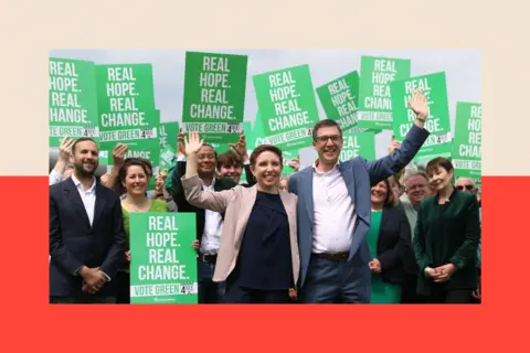 Getty Images Former co-leaders of the Green Party Carla Denyer (Centre L) and Adrian Ramsay (Centre R) pose with supporters