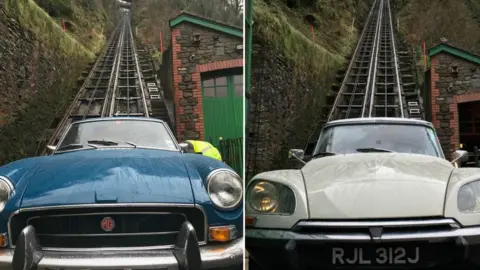 Lynton & Lynmouth Cliff Railway Blue MG and white Citroen