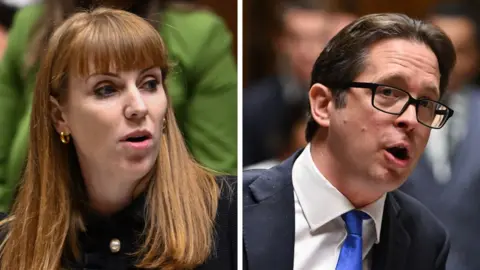 Composite picture of Deputy Prime Minister Angela Rayner and Shadow Cabinet Office minister Alex Burghart speaking in the Commons during Prime Minister's Questions