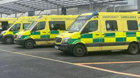 A row of ambulances are parked outside a hospital, ready to be dispatched for patients