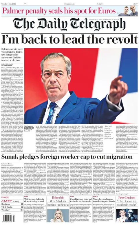 "I'm back to lead the revolt" reads the front of the Daily Telegraph