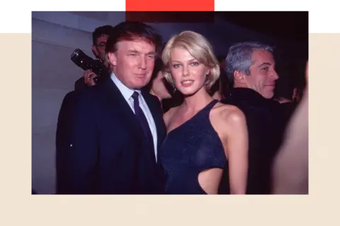 Sonia Moskowitz / Contributor / Getty Images American businessman and ex-president Donald Trump, Belgian model Ingrid Seynhaeve, and American businessman Jeffrey Epstein