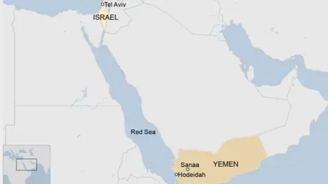 Map showing Hodeidah and Sanaa in Yemen and Tel Aviv in Israel