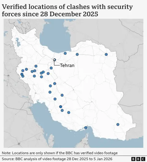 A BBC graphic showing the locations of clashes with security forces across Iran. 
