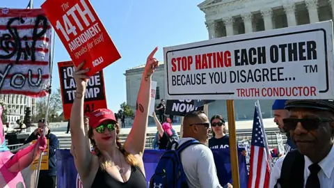 Demonstrators outside the US Supreme Court in Washington, DC, on April 1, 2026