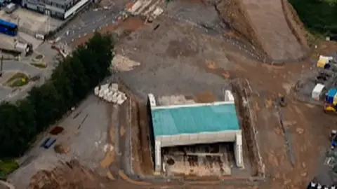 Aerial shot of the new rail bridge close to Gipsy Patch Lane