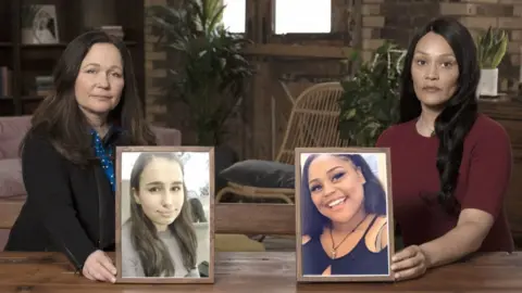 PA Media Tanya Ednan-Laperouse (left) and Emma Turay holding up pics of their daughters, Natasha and Shante.