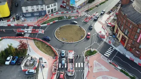 A drone shot of the new roundabout layout in Sheffield