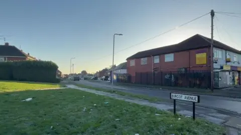 BBC A sign for Burcot Avenue is in the foreground, with the road going off into the distance, with a grassy area on the left and red-brick properties on the right hand side.