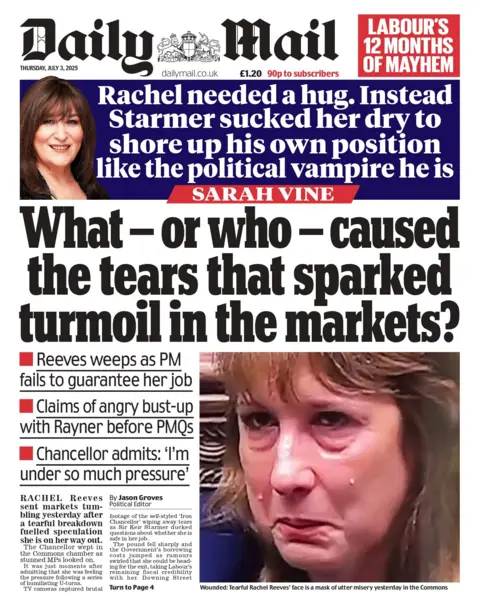 "What - or who - caused the tears that sparked turmoil in the markets?" reads the headline on the front page of the Daily Mail.